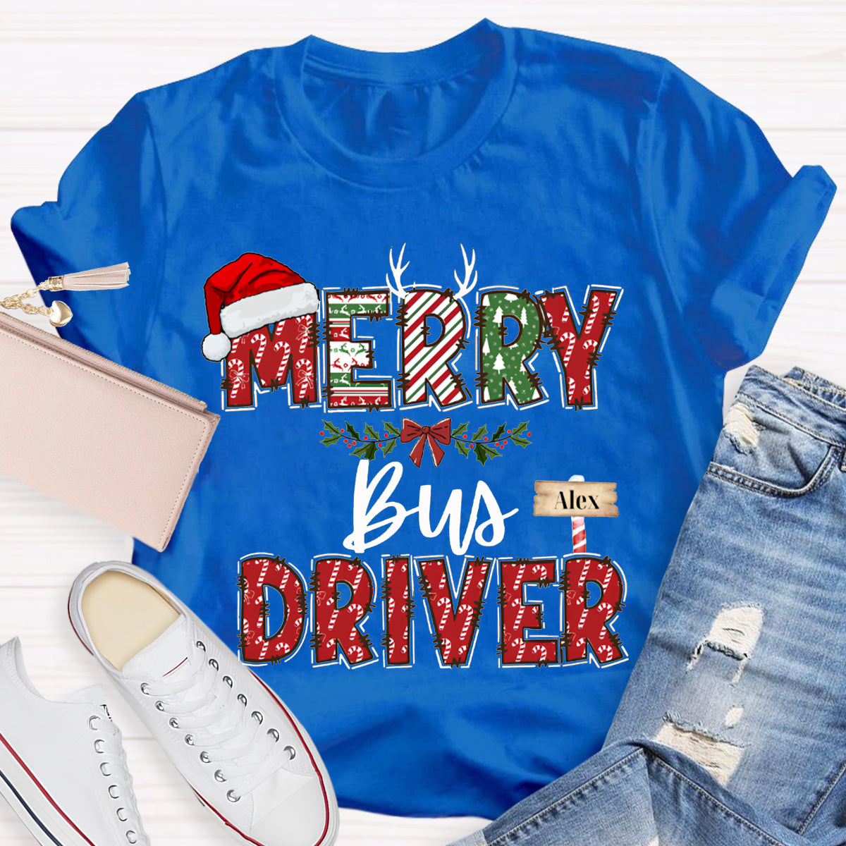 Personalized Name Merry Bus Driver Christmas Hat T-shirt