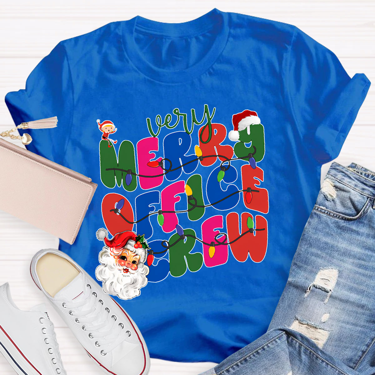 Very Merry Office Crew Santa Claus And Colorful Fonts T-shirt