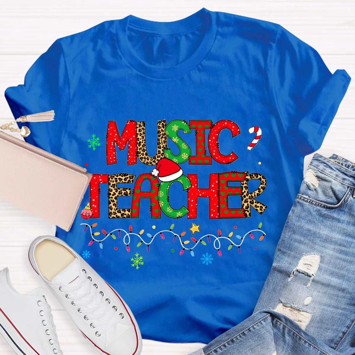 Music Teacher Christmas Lights And Colorful Fonts Christmas T-shirt