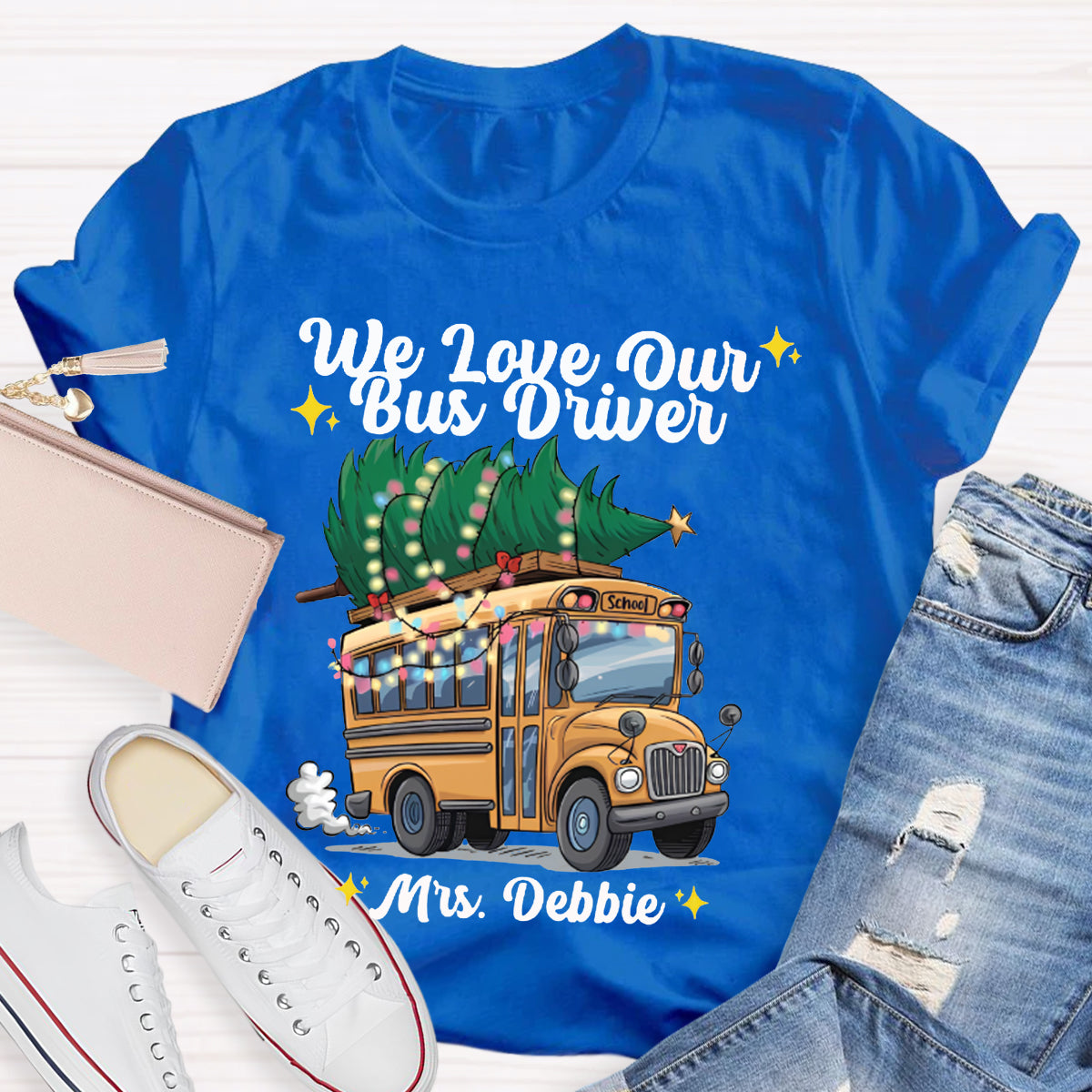 Personalized Name We Love Our School Bus And Christmas Tree T-shirt