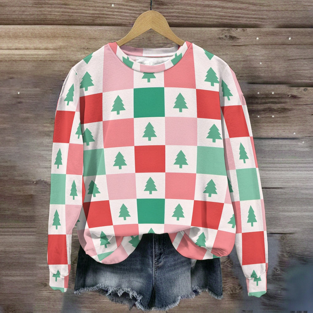 Christmas Tree Pink Green Check board Sweatshirt