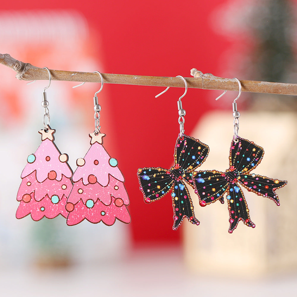 Christmas Lights Bow Pink Christmas Tree Pendant Earrings