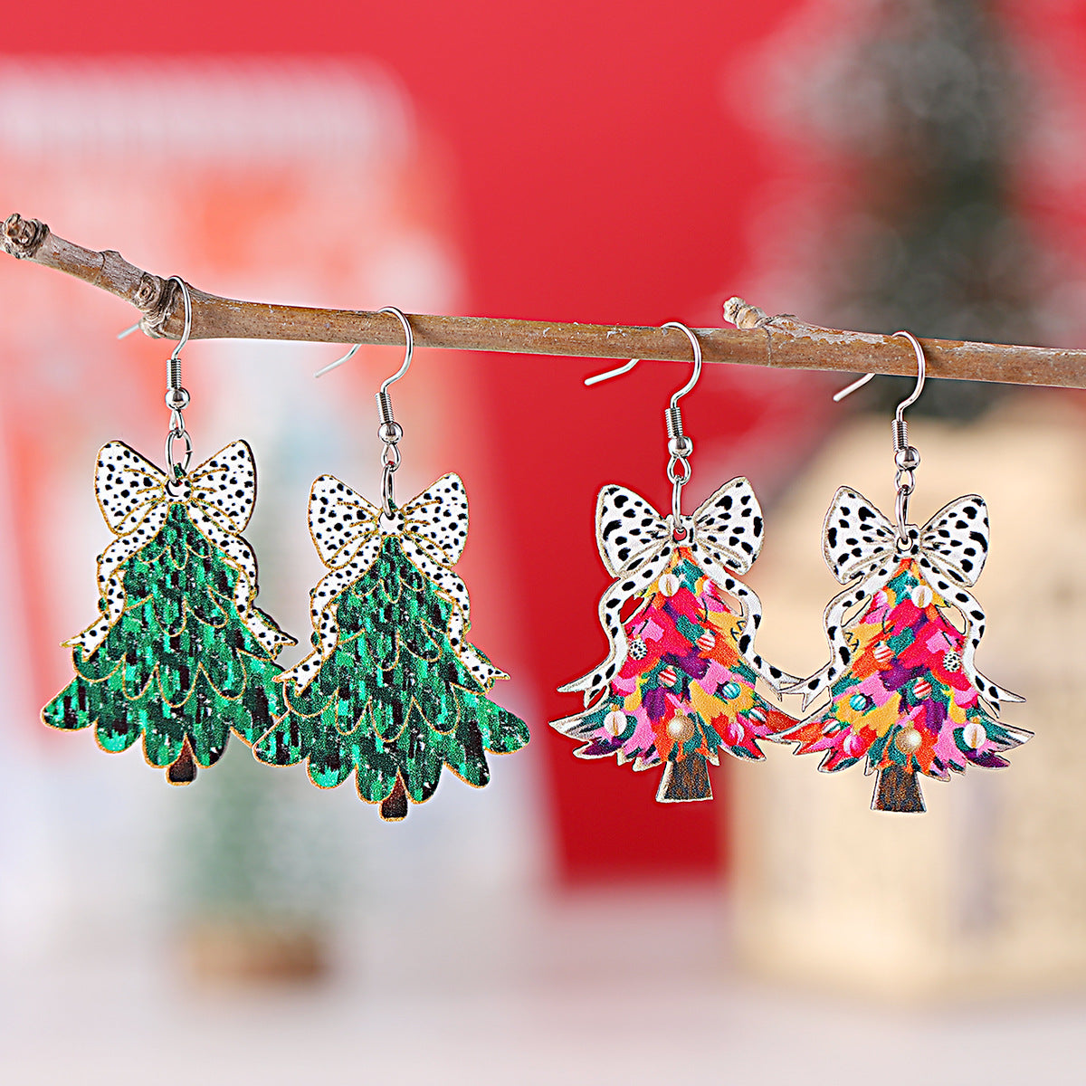 Cow Pattern Bow Christmas Tree Pendant Earrings