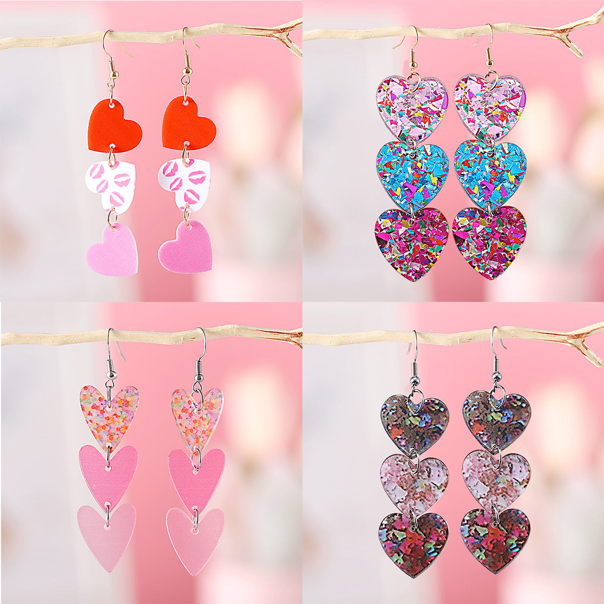 Heart-Shaped Triple-Earring Sequins For Valentine'S Day