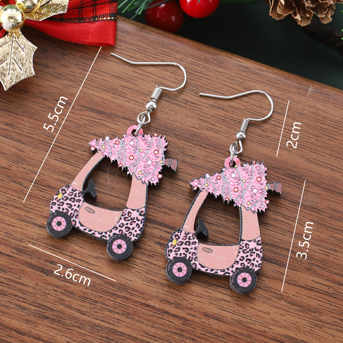 Hollow Pink Christmas Tree Leopard Print Car Pendant Earrings