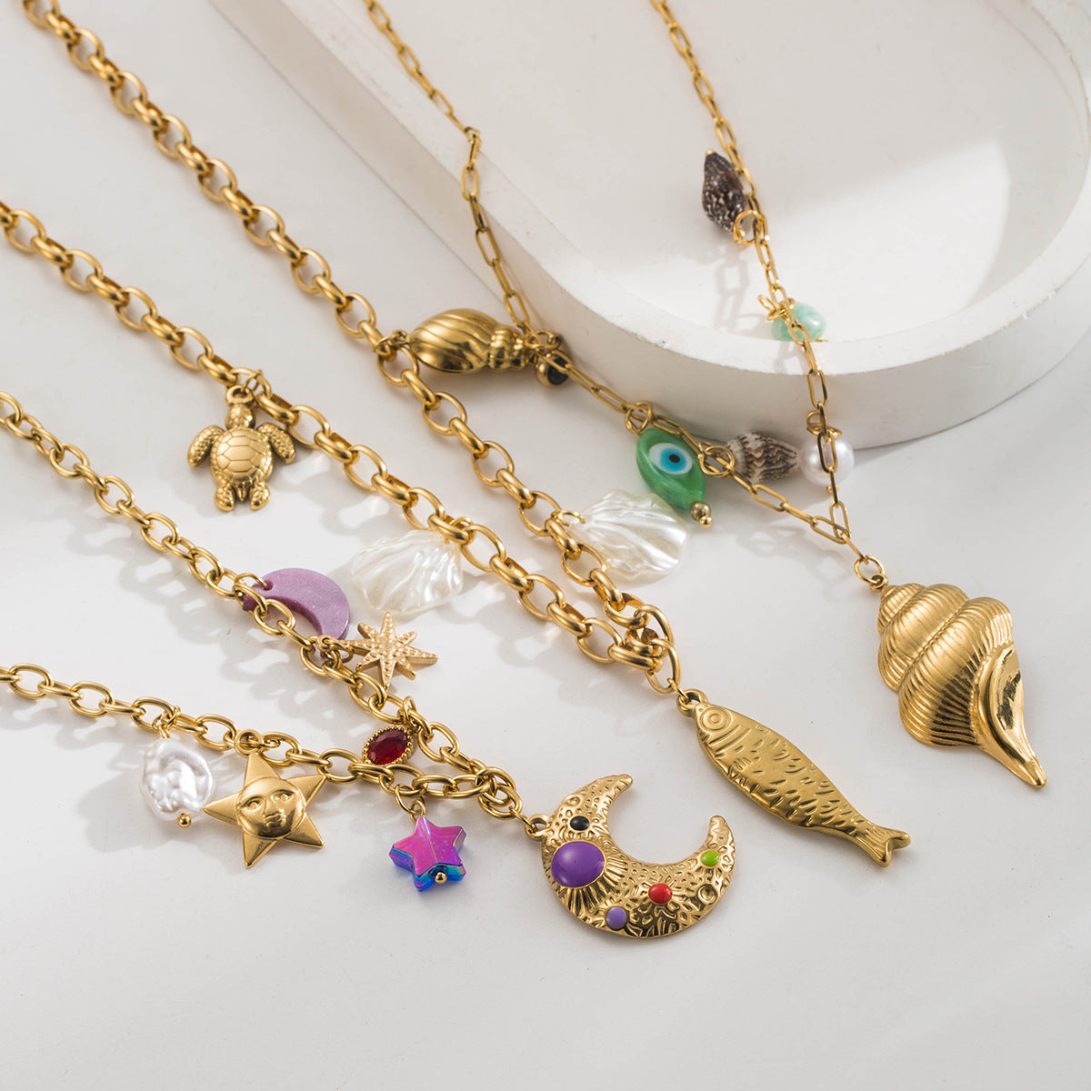 Western-Style Fashion Necklace Featuring Ocean Elements Moon  Little Fish Conch  Evil Eye  And Pearl Pendants
