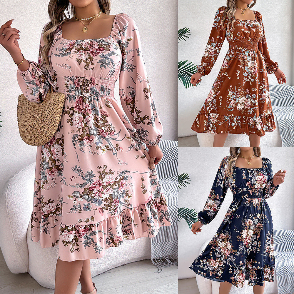 Floral Long-Sleeved Fitted Waist A-Line Skirt With Ruffles