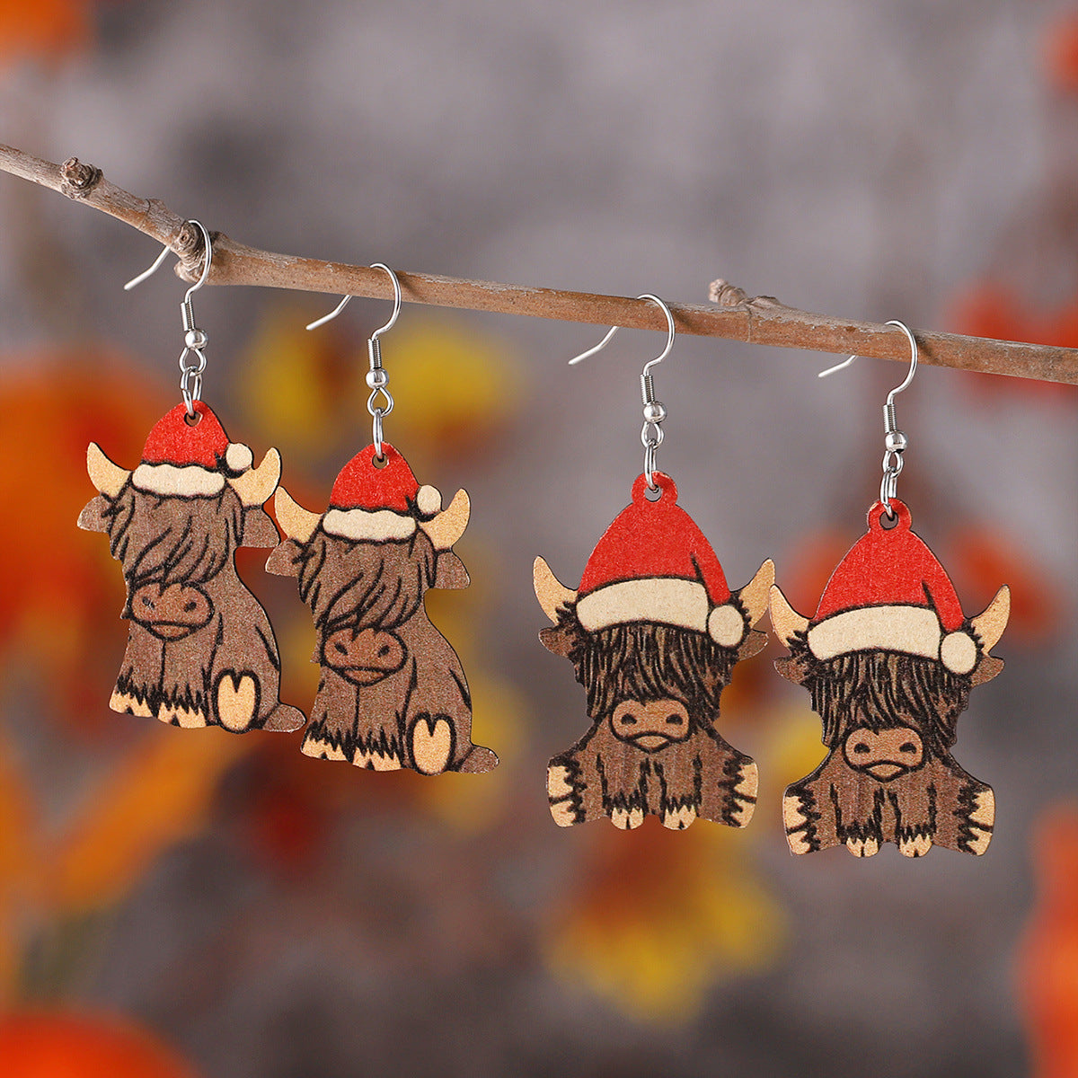 Western-style Santa Hat Alpine Cow Pendant Earrings