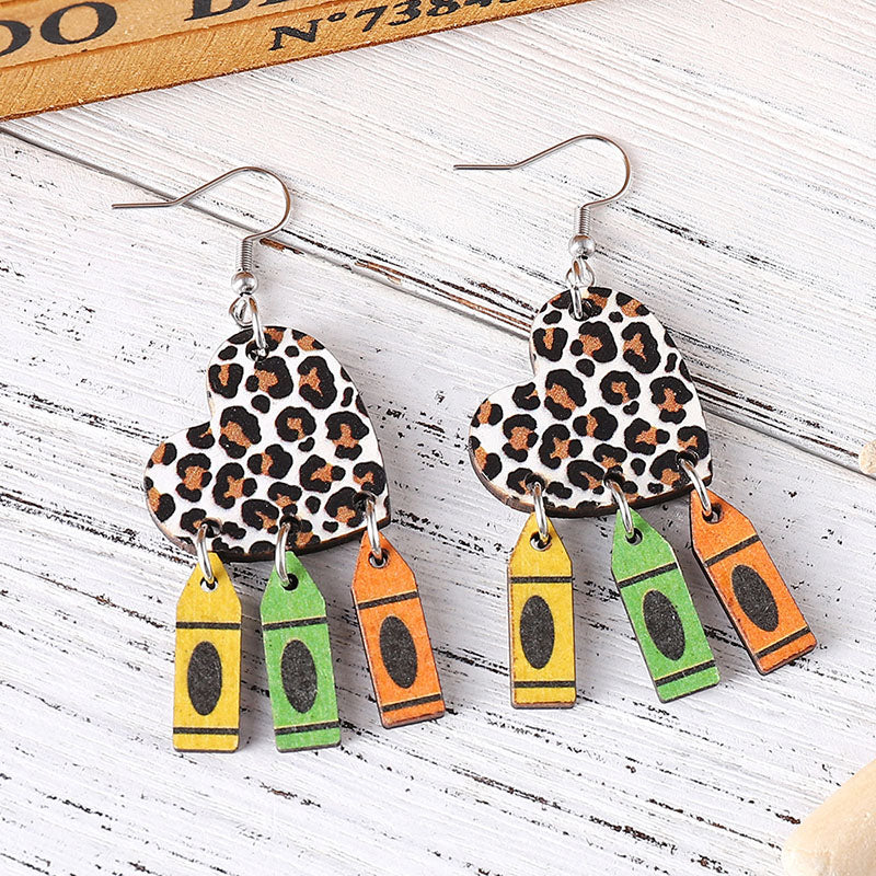 Leopard Print Heart-Shaped Crayon-Style Earrings