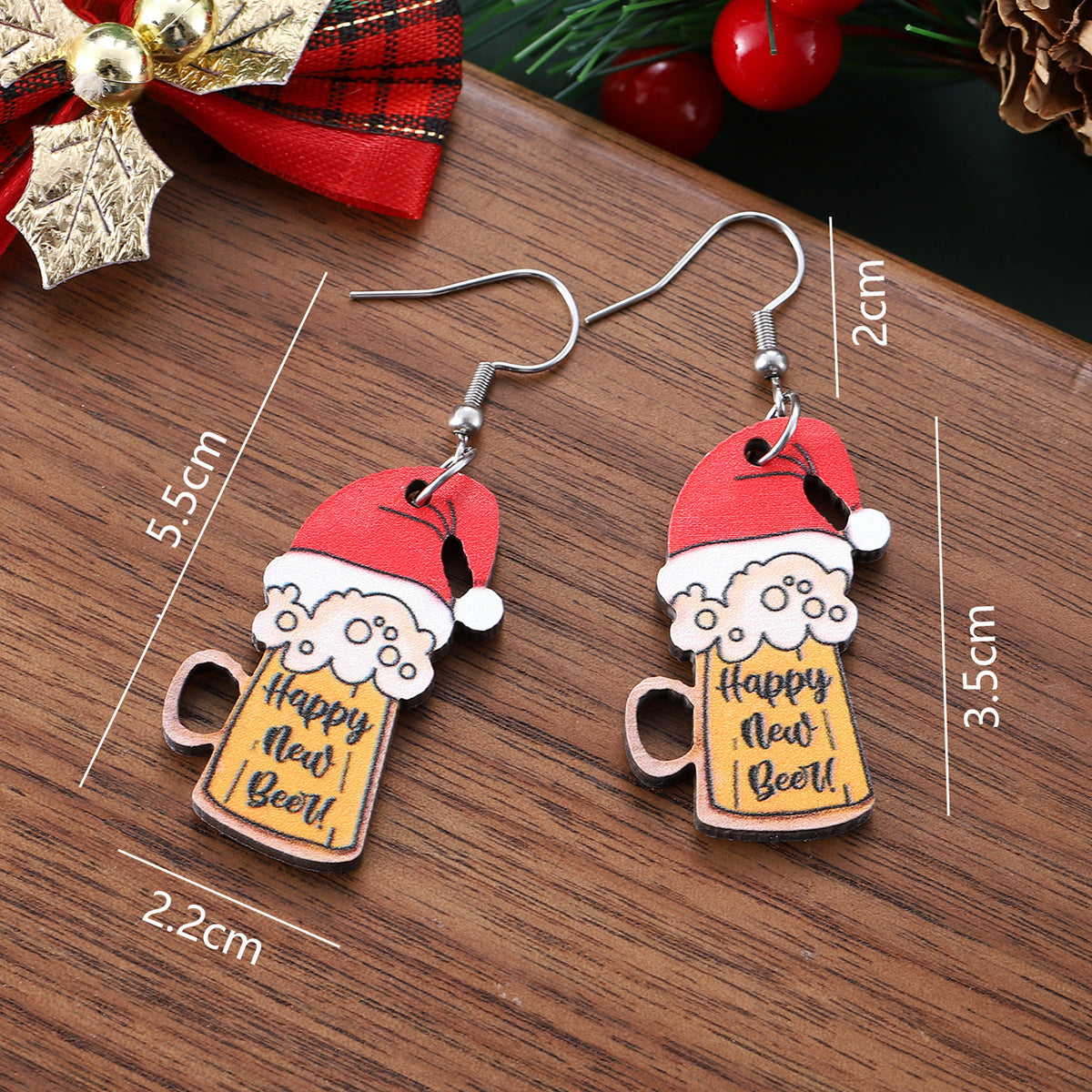 Christmas Hat New Year Beer Mug Pendant Earrings