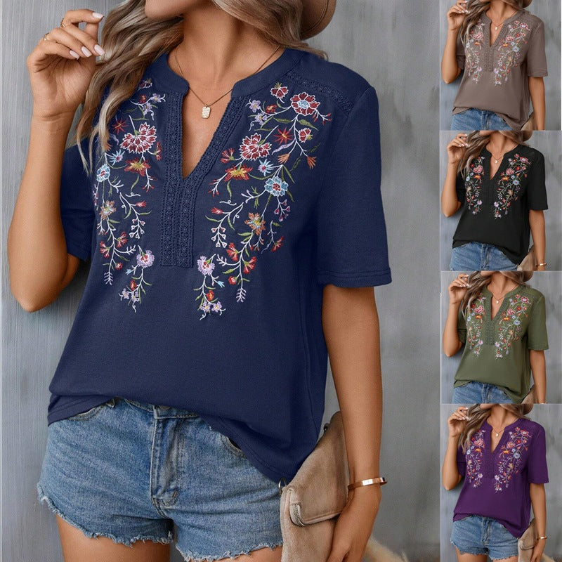 Embroidered And Lace Trim Short-Sleeved T-Shirt