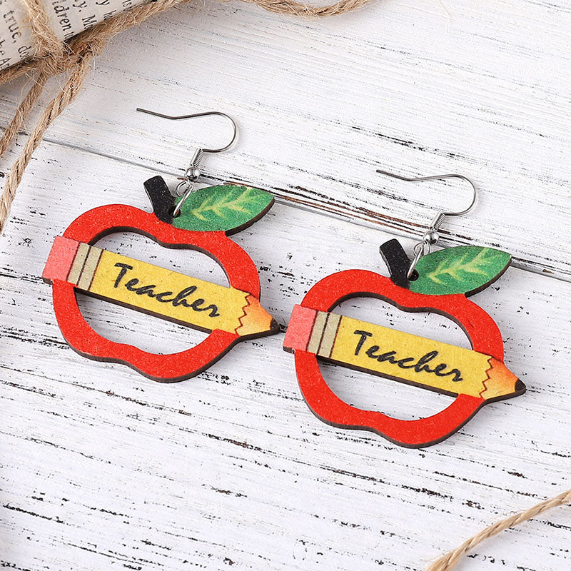 Pencil Apple Teacher Dangling Earrings