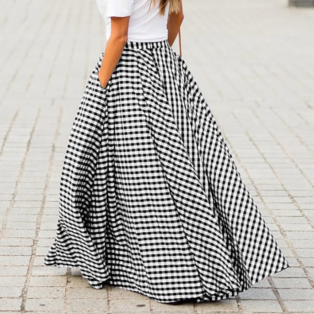 Elegant Plaid Midi High-Waisted Flared Skirt