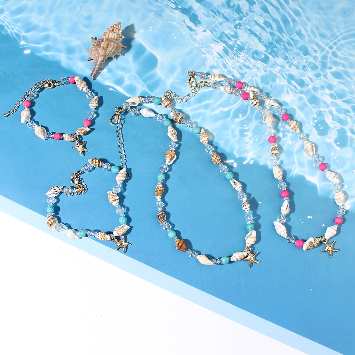 Starfish Conch  Blue Bead  And Seed Bead Necklace & Bracelet Set