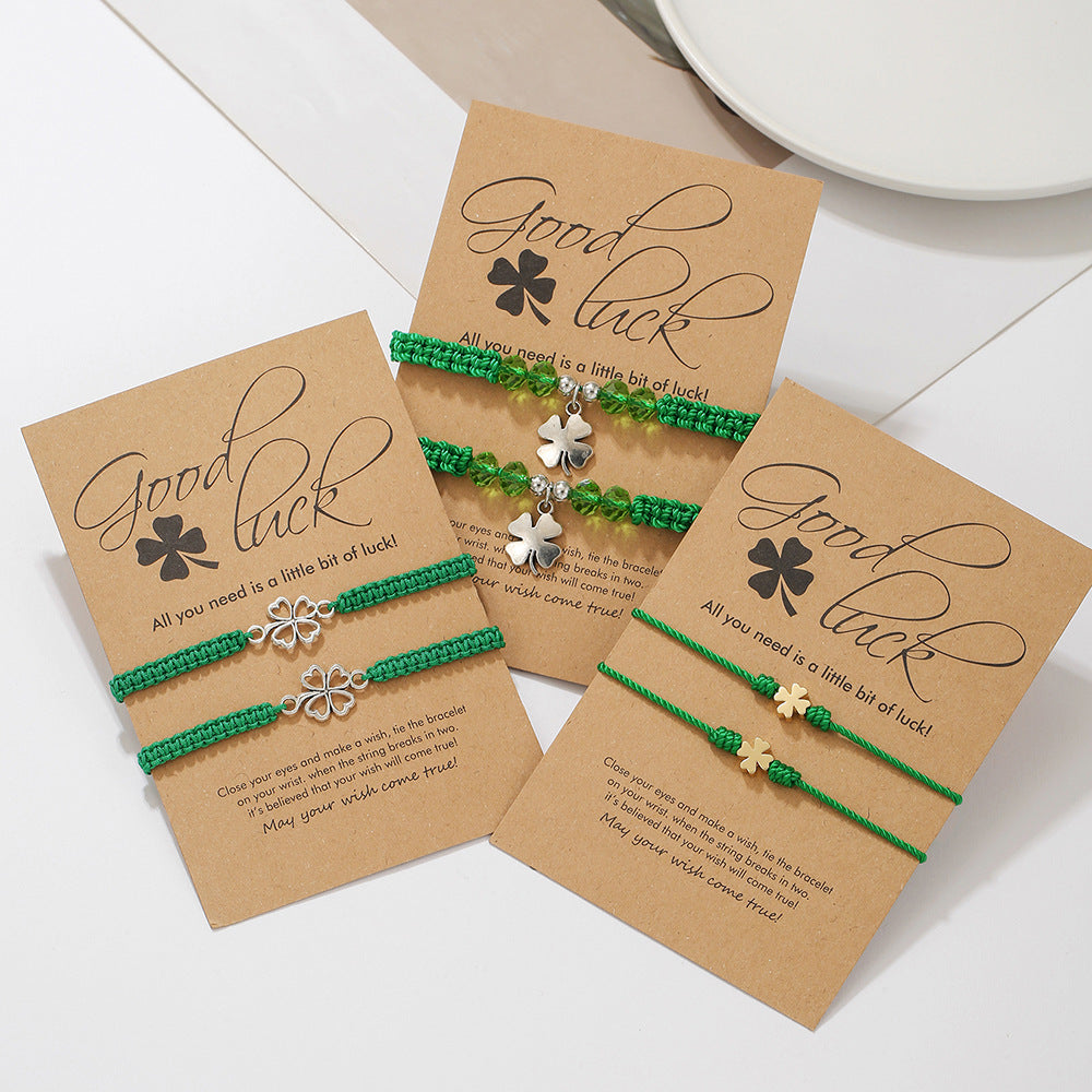 Lucky Four-Leaf Clover Bracelet With Green Braided Rope