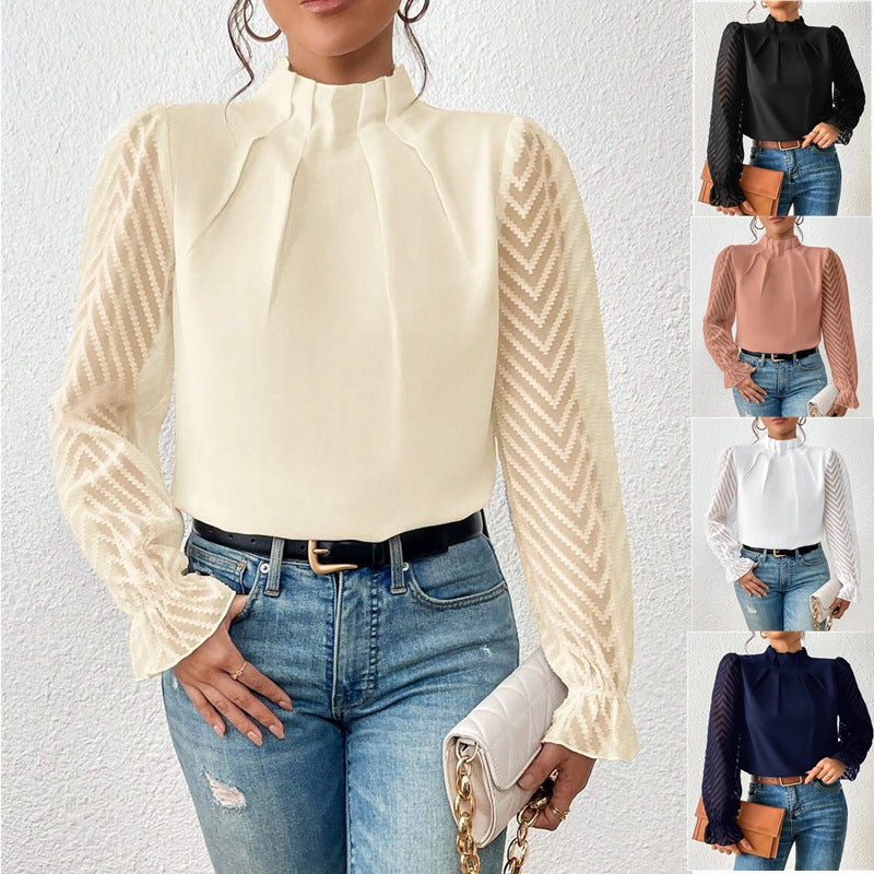 High Collar Patchwork Wavy Pattern Chiffon Long Sleeves Shirt