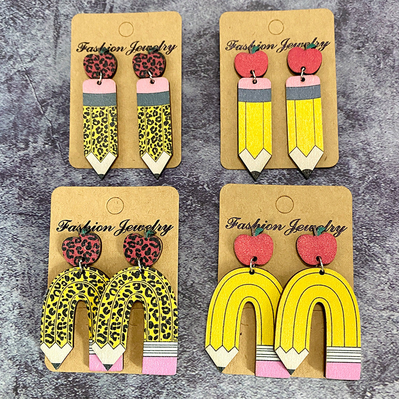 Leopard Print Pencil And Apple Patchwork Earrings