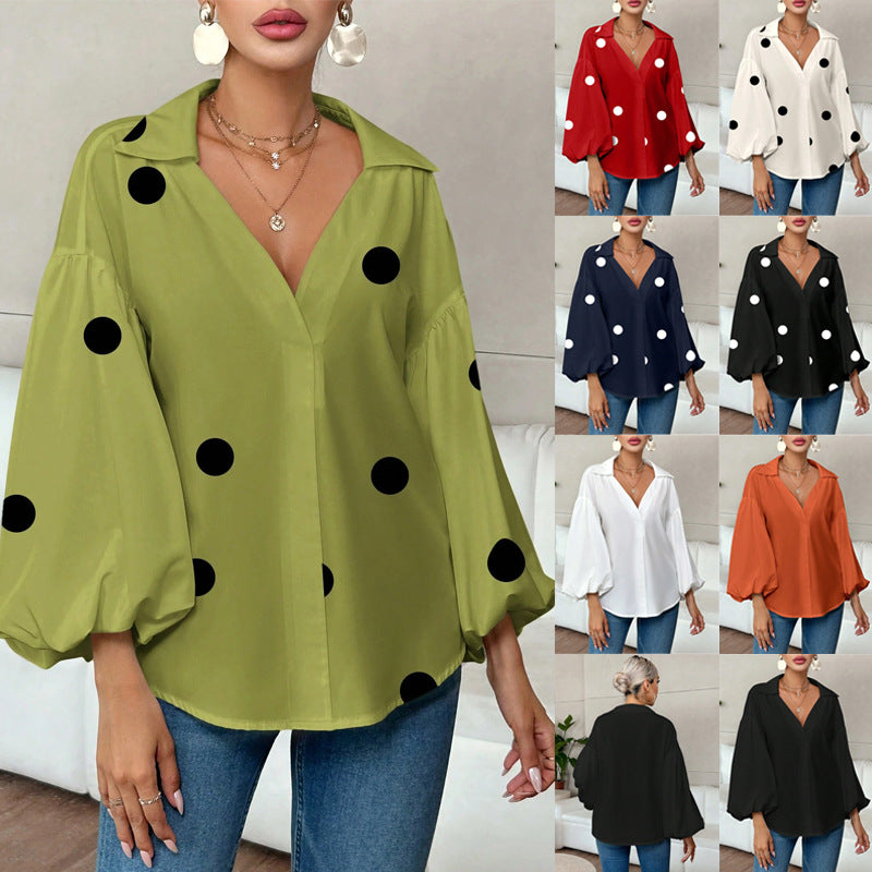 French Polka Dot Half-Open Collar Design Loose Puff Sleeve Shirt