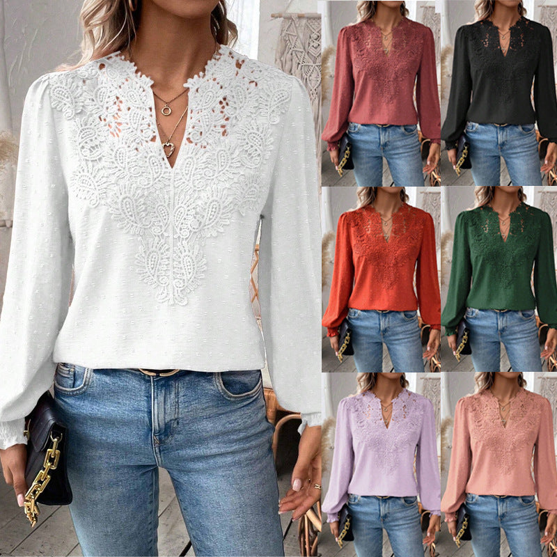 V-Neck Lace Solid Color Long-Sleeved Casual T-Shirt