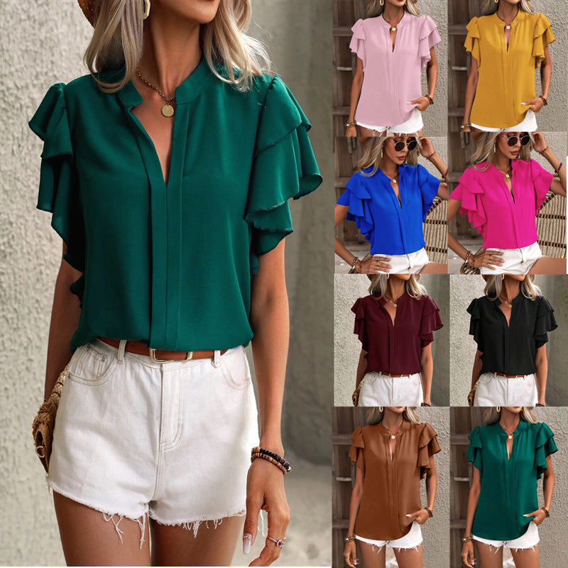 V-Neck Casual Double-Layer Ruffle Sleeve Solid Color Shirt