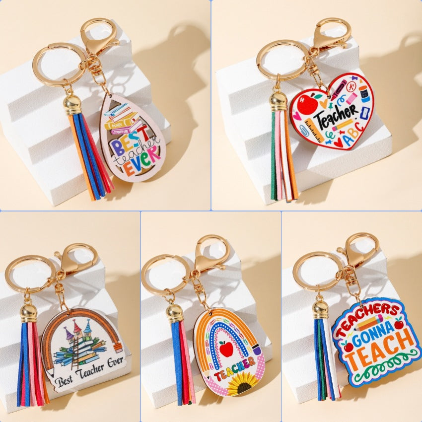 Pencil Heart Rainbow Wooden Tassel Keychain