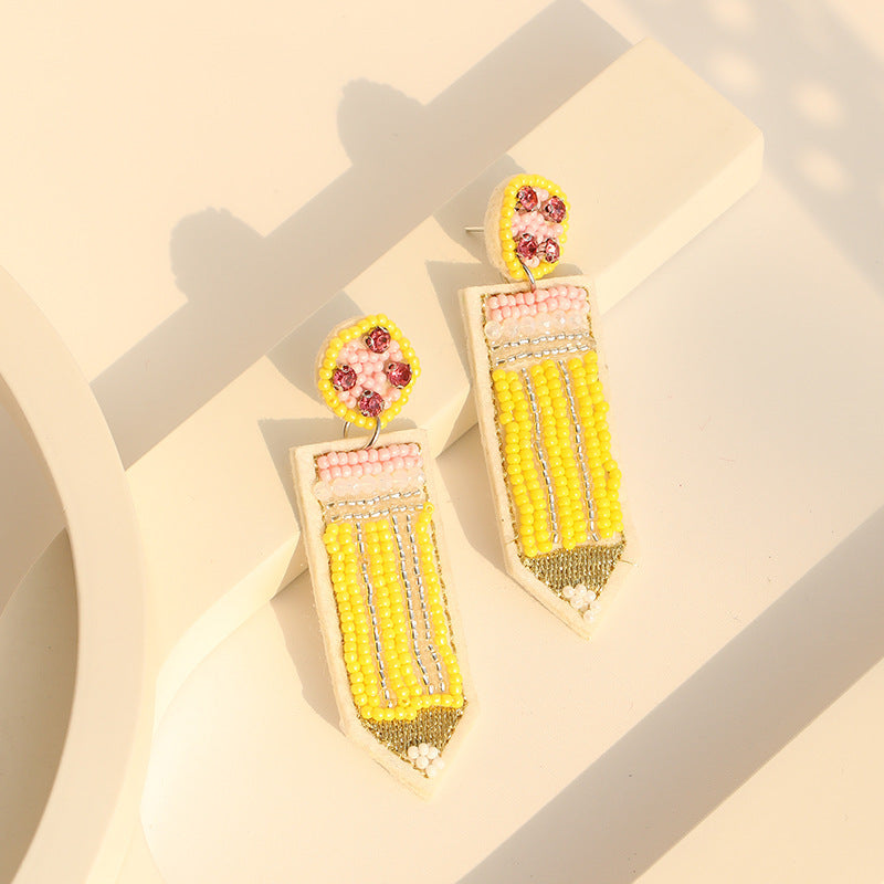 Handmade Beaded Glass Seed Bead Heart Pencil Earrings