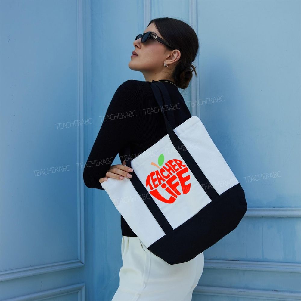 Teacher Life Apple  Color-blocked Canvas Bag