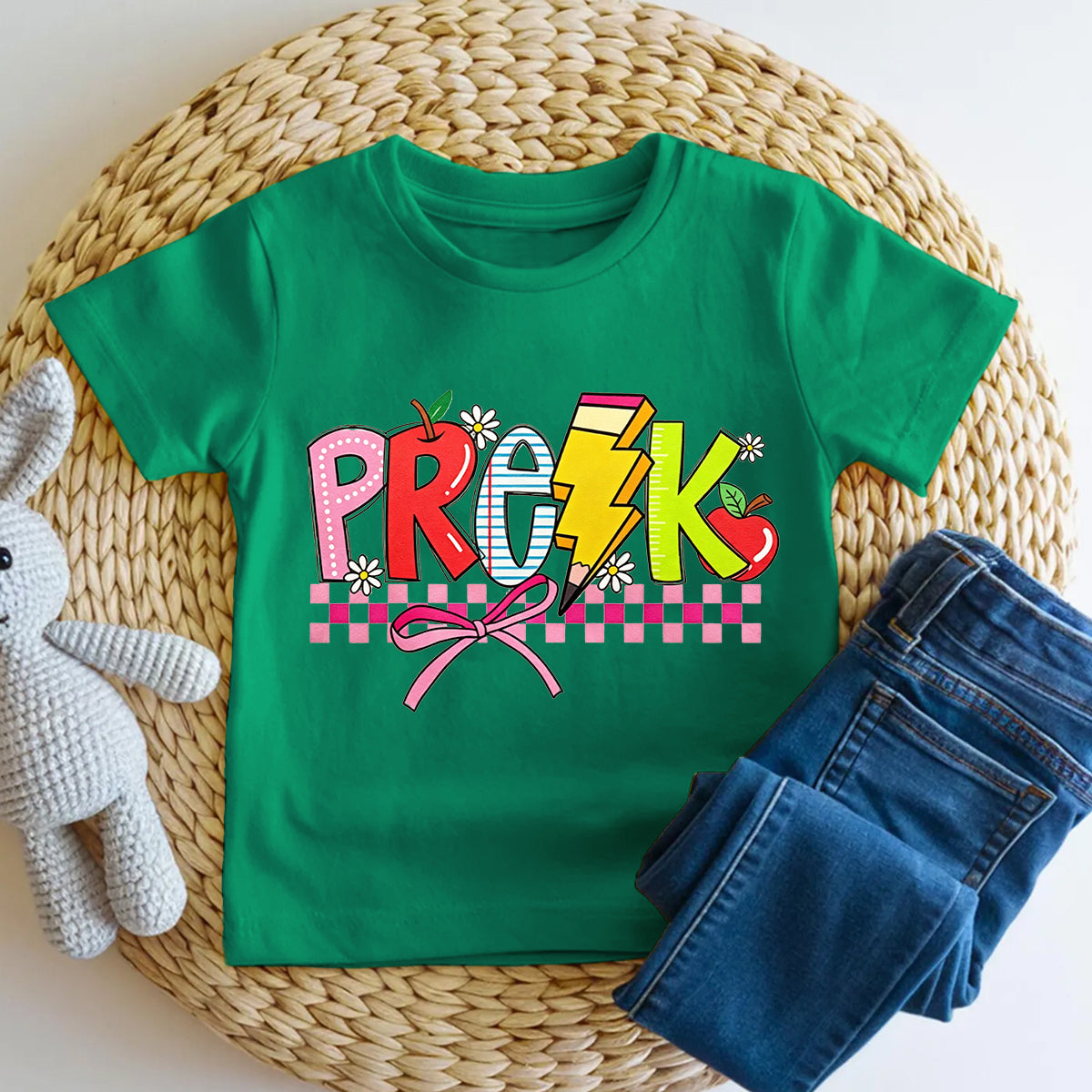 Personalized Grade Bow And Checkered Pre-K Vibes Toddler T-shirts