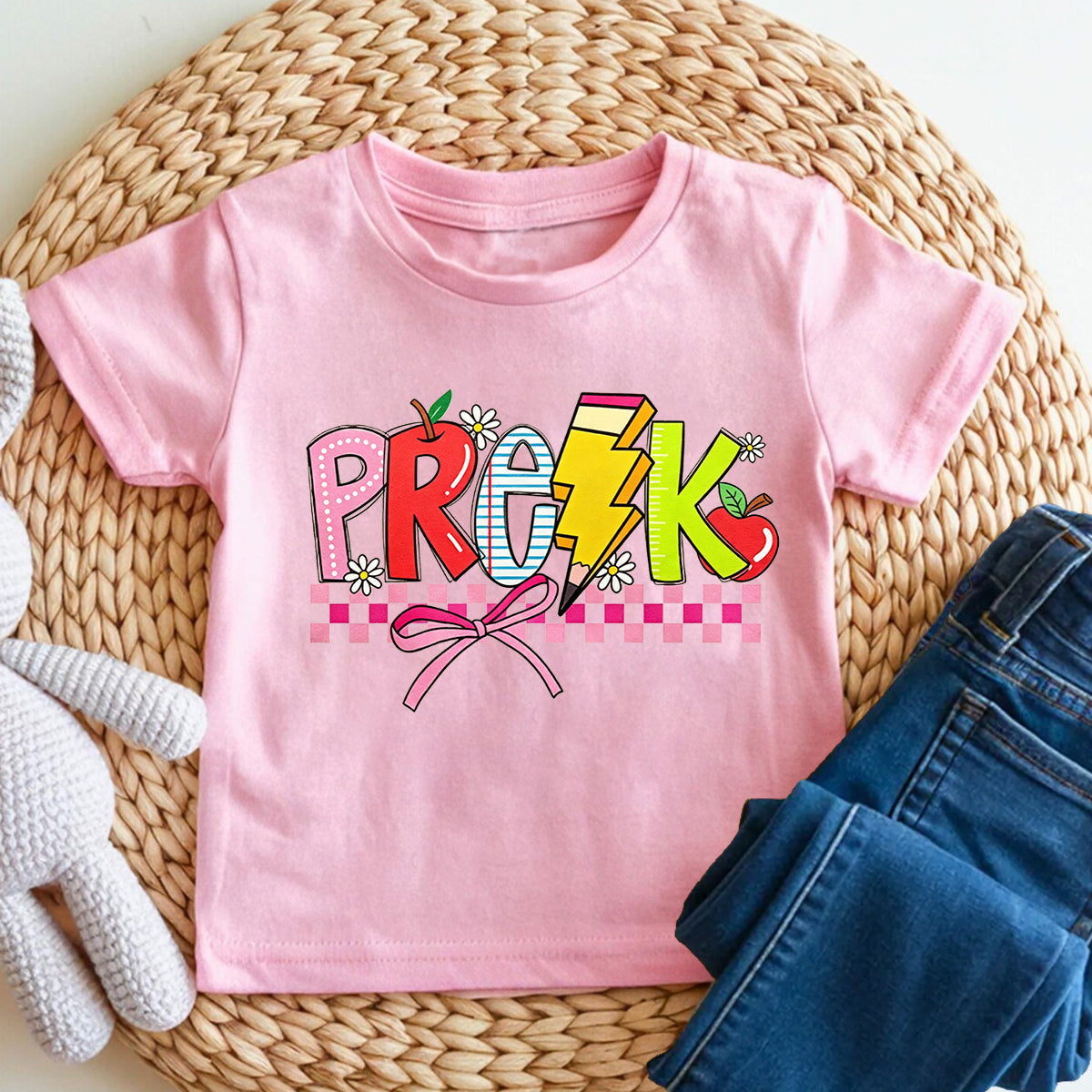 Personalized Grade Bow And Checkered Pre-K Vibes Toddler T-shirts