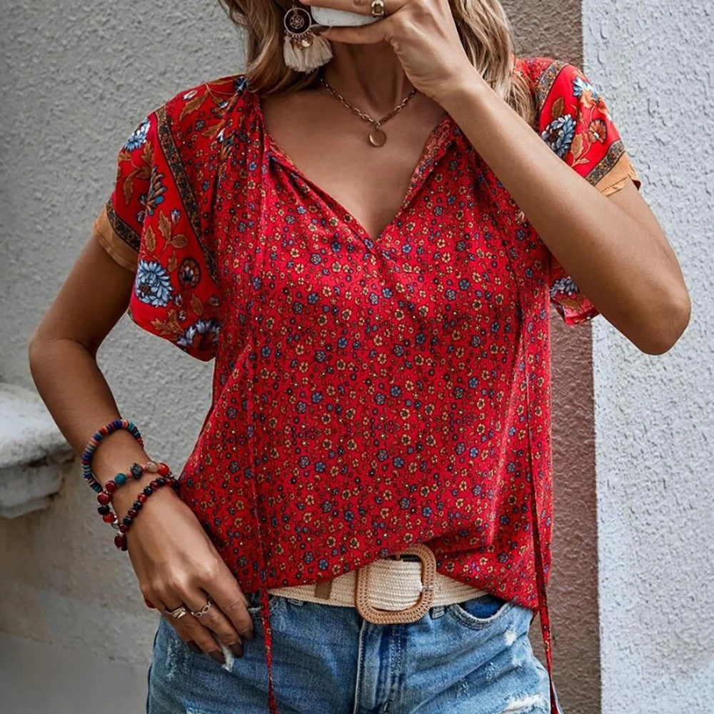 Casual Ethnic Print V-Neck Short-Sleeved Loose Shirt