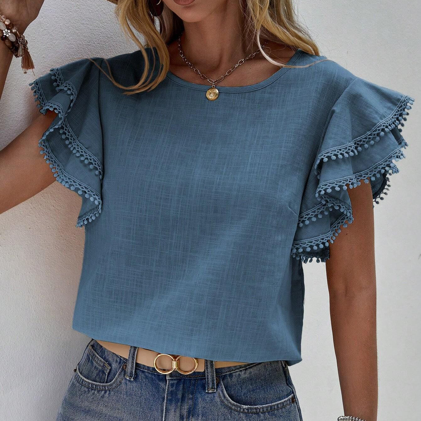 Round Neck Shirt With Ruffles And Batwing Top