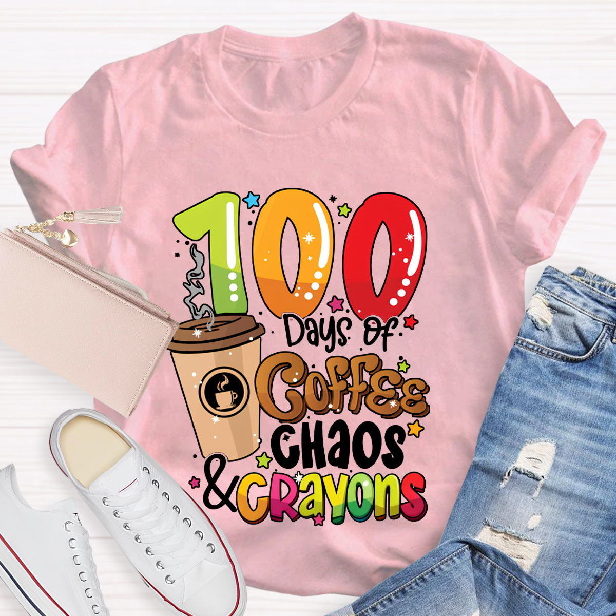 100 Days Of Coffee Chaos And Crayons T-shirt