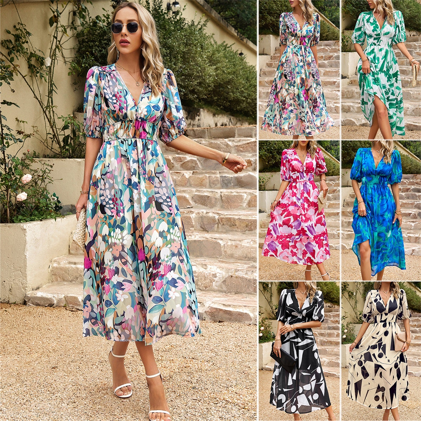 Waist-Cinching Deep V-Neck Printed Maxi Dress