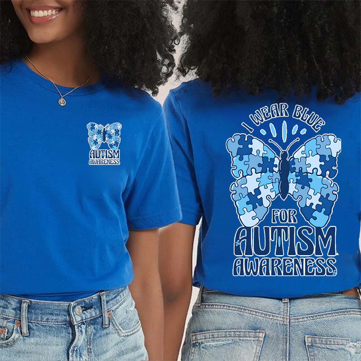 I Wear Blue For Autism Awareness Double Printed T-shirt