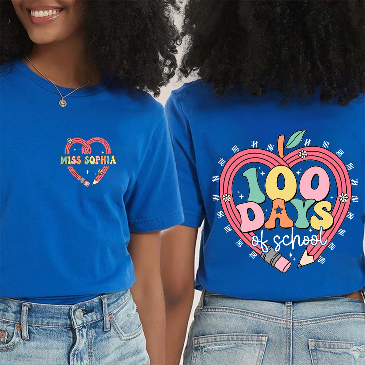 Personalized Name 100 Days Of School Pencil Heart Double Printed T-shirt