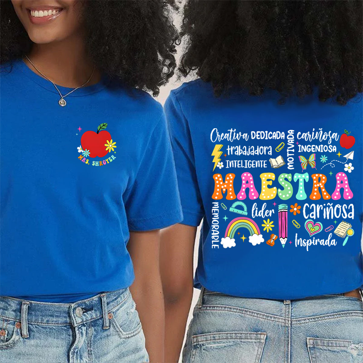 Personalized Name Book And Apple Double Printed T-shirt