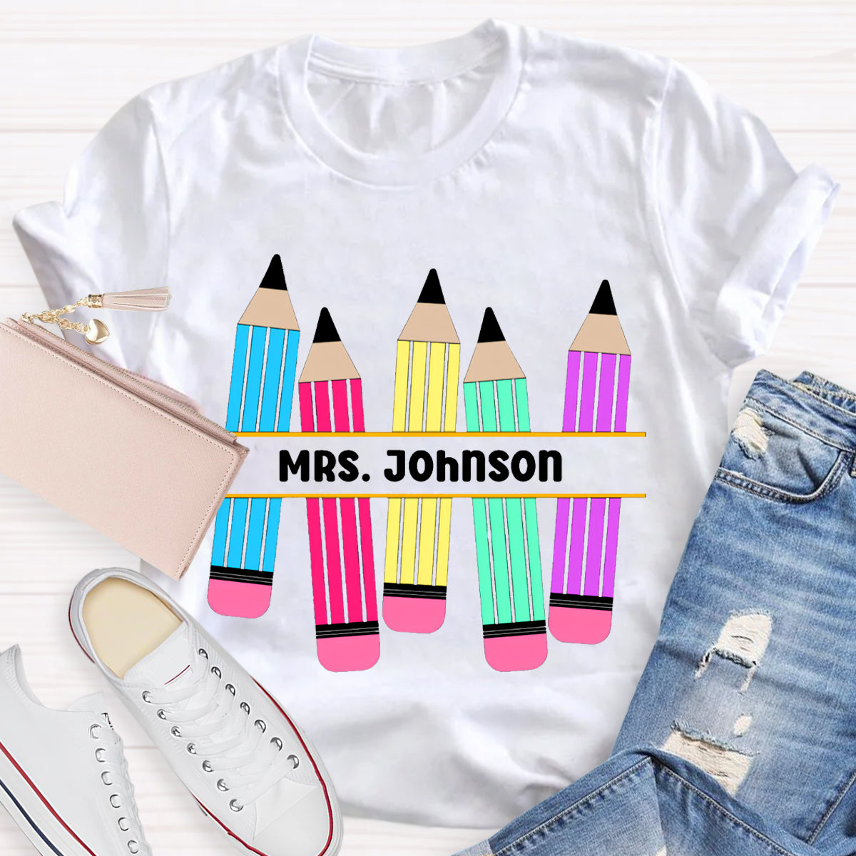 Personalized Name Pencil Teacher T-Shirt