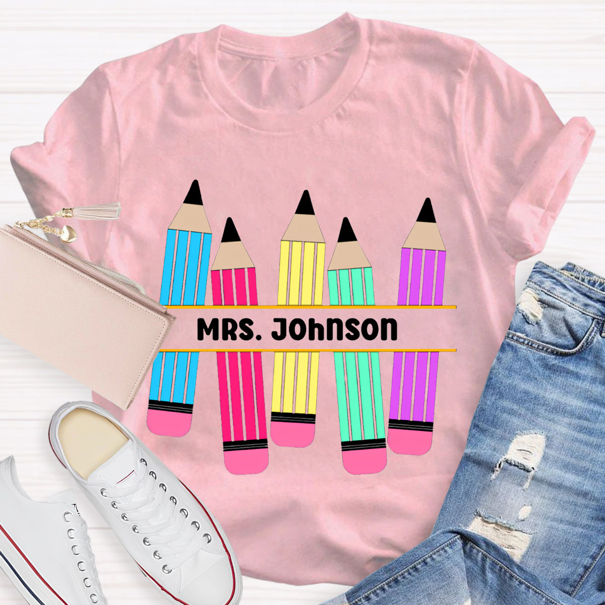 Personalized Name Pencil Teacher T-Shirt