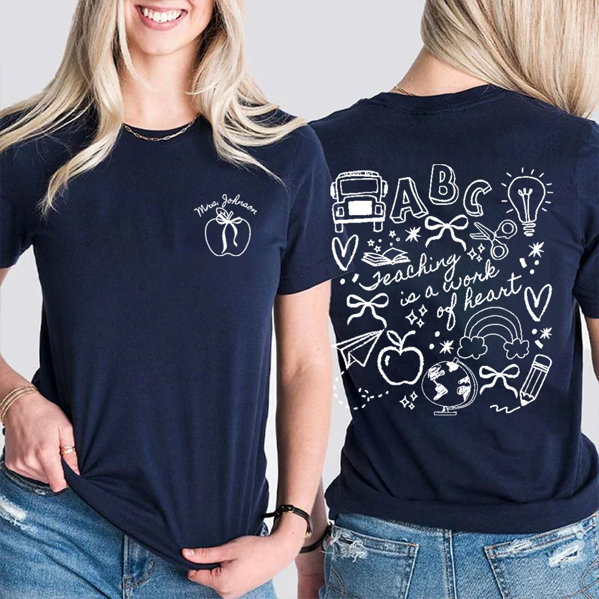 Personalized Grade Teaching Is A Work Of Heart Apple Double Printed T-shirt
