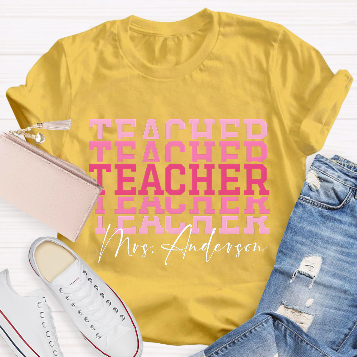 Personalize Name Pink  Teacher T-Shirt