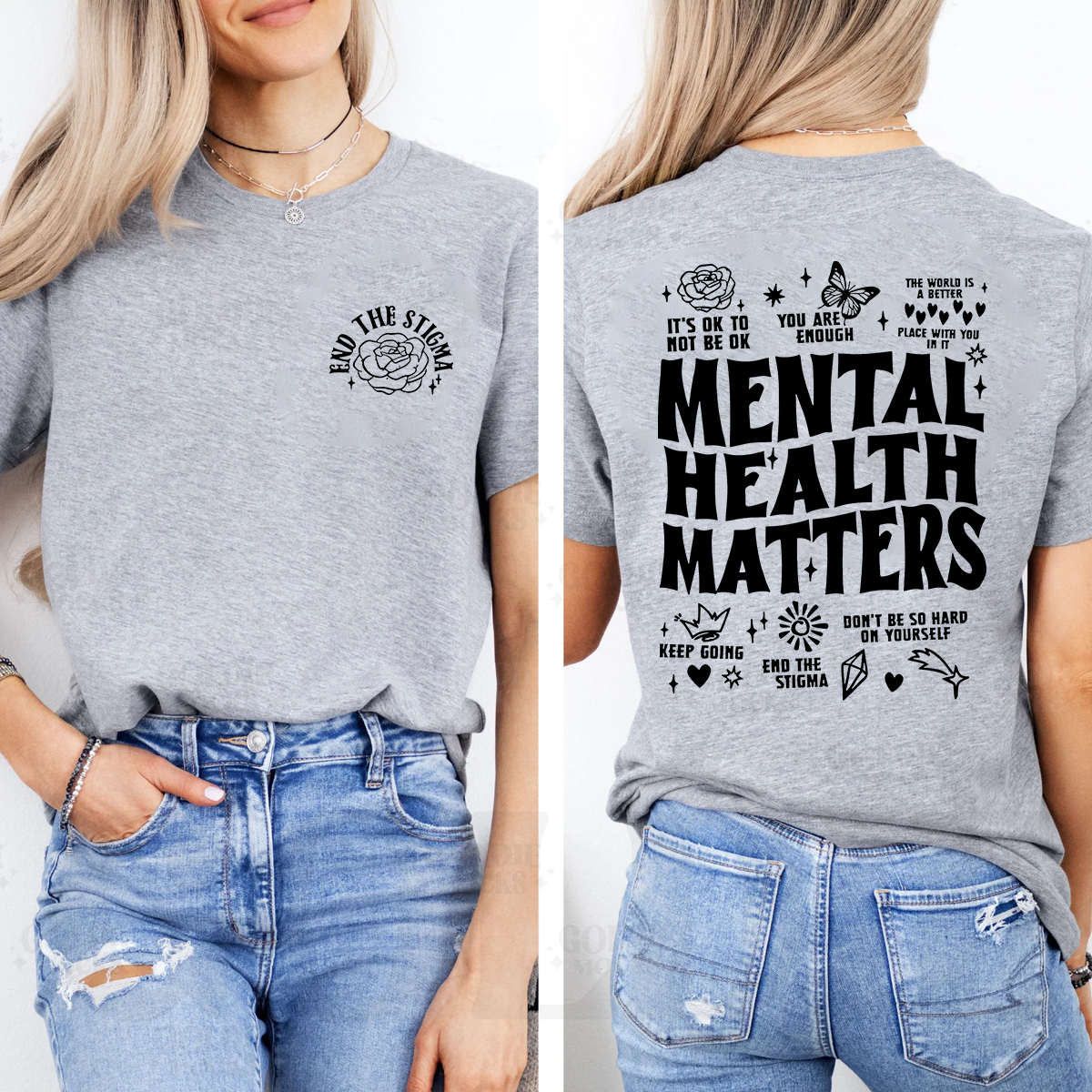 End The Stigma Mental Health Matters Letters  Double Printed T-shirt