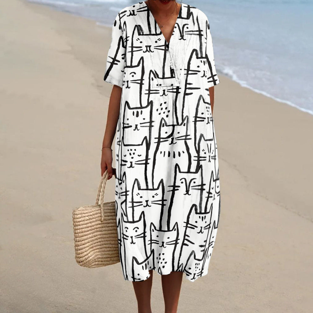 Cartoon Cat Teacher V-neck Resort Dress
