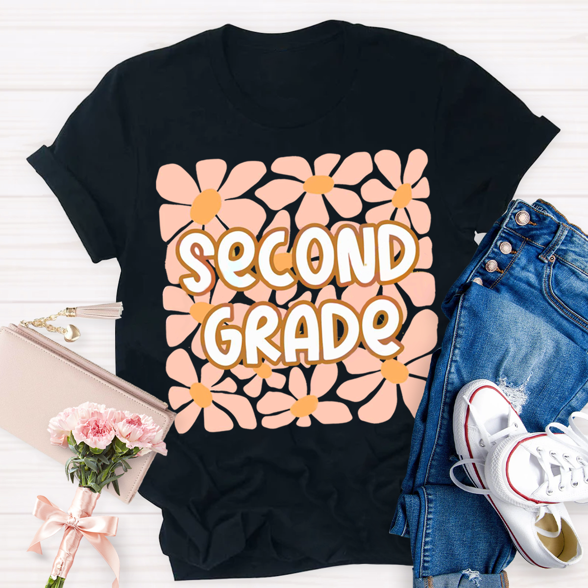 Personalized Your Grade Flower Design Teacher T-shirt
