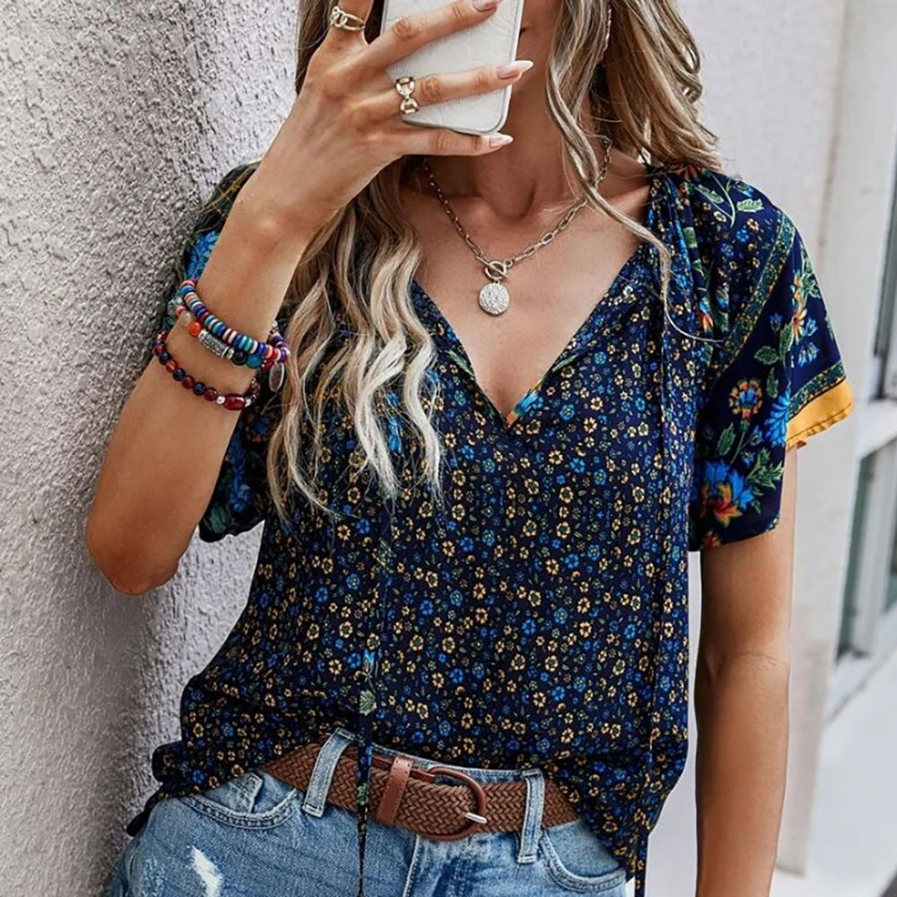 Casual Ethnic Print V-Neck Short-Sleeved Loose Shirt