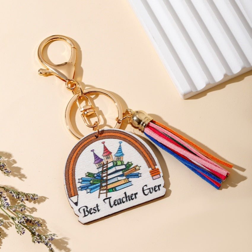 Rainbow Wooden Tassel Pendant Keychain