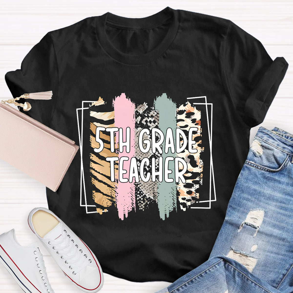 Personalized Grade Color Block 5th Grade Teacher T-Shirt