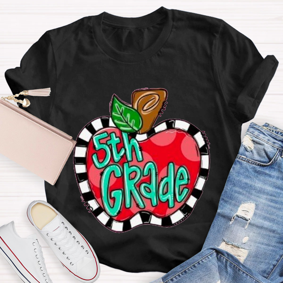 Personalized Grade Teacher Color Block  Apple Printed T-Shirt