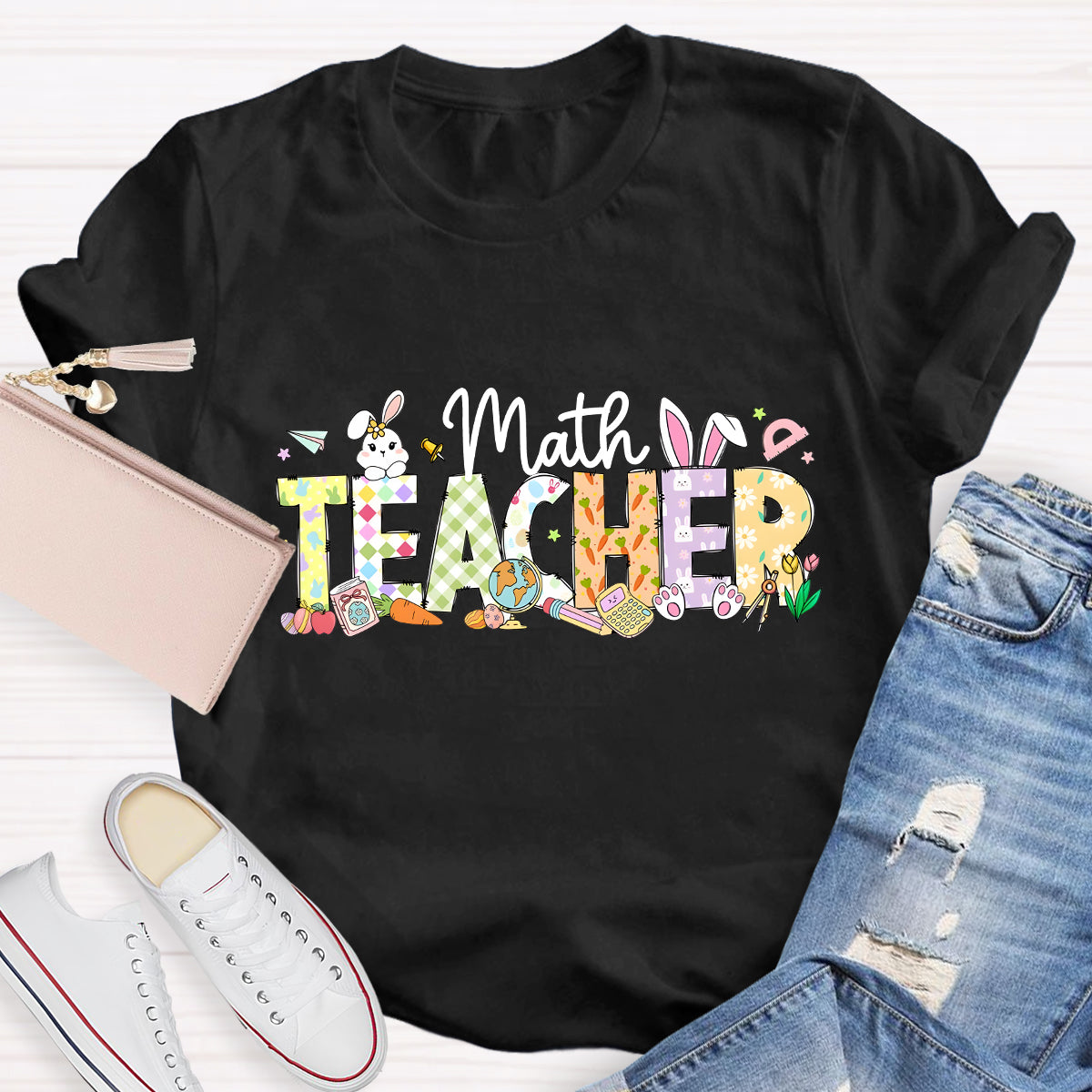 Happy Easter Math Teacher Pink Rabbits Teacher T-Shirt