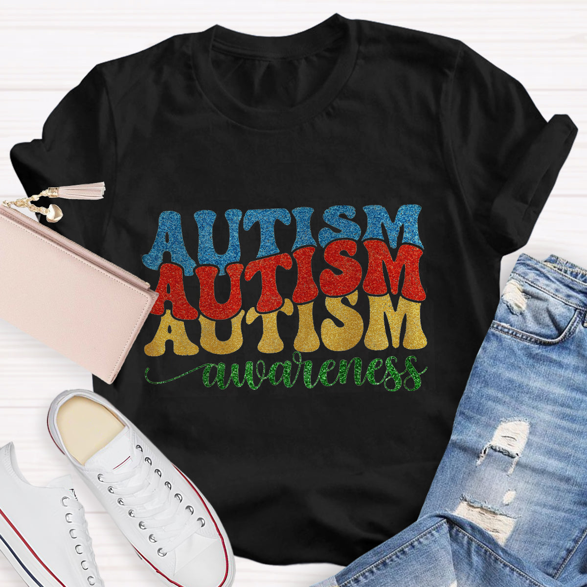 Rainbow Colors Glitter Autism Awareness T-Shirt