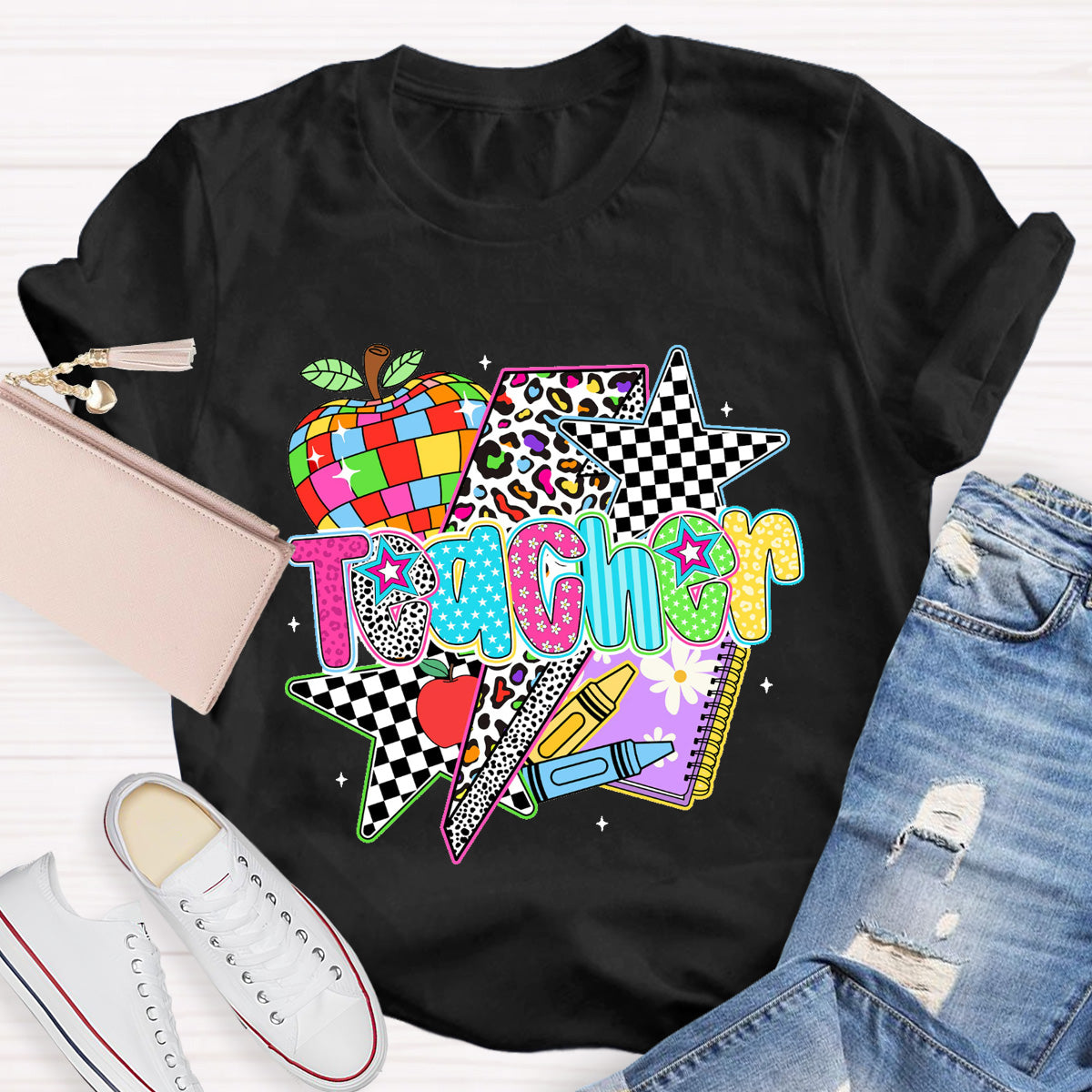 Colorful Leopard Apple Teacher  Back To School T-Shirt